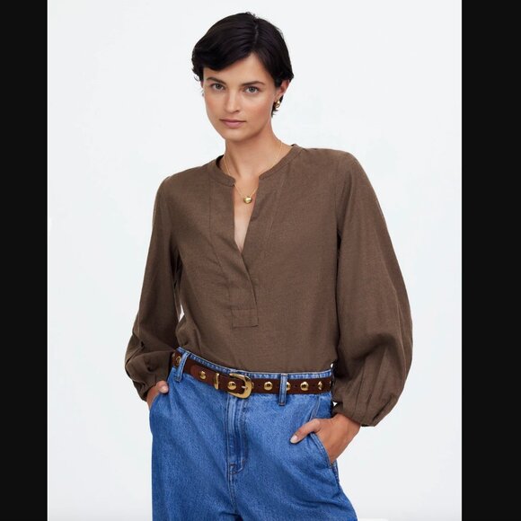 NWT Madewell Top in Pinstripe Flannel in Bitter Chocolate Melange | Size M - Picture 2 of 6